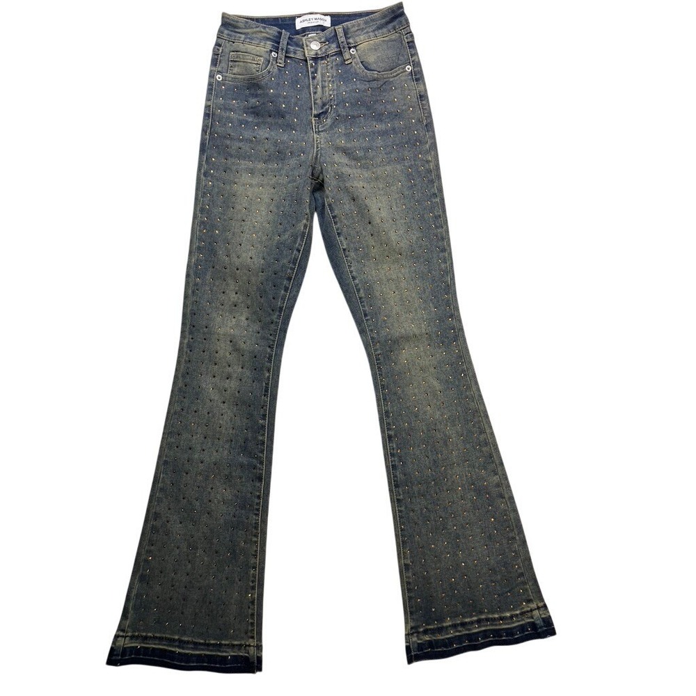 Ashley Mason‎ Flare Jeans Womens 1/25 Blue Rhinestone Embellished Y2K
